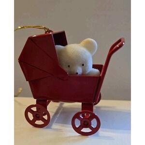 Vintage Avon Flocked Teddy Bear‎ Baby Carriage Christmas Ornaments
